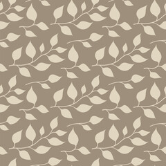 Vector abstract floral seamless pattern. Subtle botanical ornament texture with leaves, foliage silhouettes, branches. Simple minimal leaf background in brown and beige color. Vintage repeated design