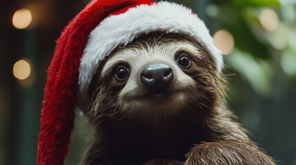 Sloth wearing Santa hat. Christmas animal background