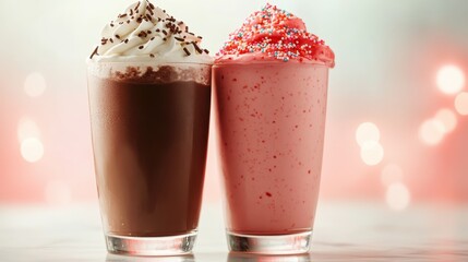 Classic chocolate and strawberry milkshakes sit side by side, artistically topped with whipped cream and colorful sprinkles, ready to satisfy any sweet tooth.