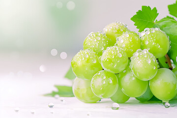 A cluster of vibrant green grapes rests on a delicate surface, each fruit adorned with shimmering droplets, reflecting the gentle light in a tranquil atmosphere