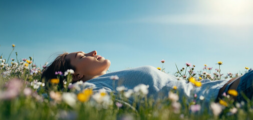 Woman relaxing in a field of flowers under a clear blue sky.