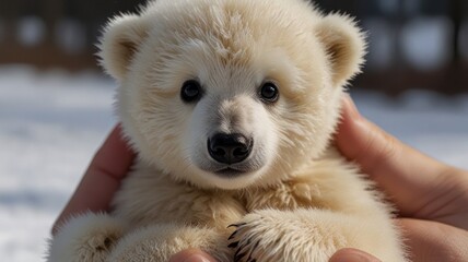 A small polar bear cub is held in human hands with its face looking directly at the camera in a snowy environment.