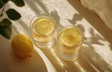 Canvas Print - Refreshing lemon drinks with slices on a warm sunny afternoon at home