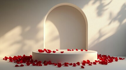 Poster - A modern display space adorned with red rose petals in a minimalist white room during daylight