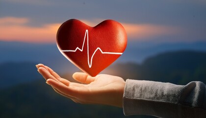 Poster - close up of hand with cardiogram on red heart