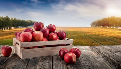 Wall Mural - crate of red apples on wooden harvest table with field trees and sky background autumn and harvest