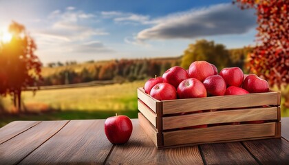 Wall Mural - crate of red apples on wooden harvest table with field trees and sky background autumn and harvest