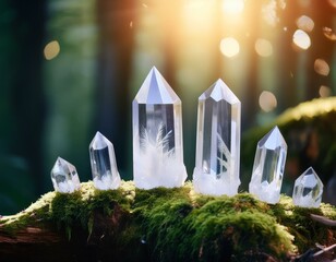 quartz crystals in forest abstract natural background minerals for magic crystal ritual witchcraft spiritual esoteric practice for harmony life balance meditation relax reiki energy