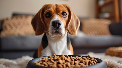 A beagle dog sitting in front of a bowl of food.