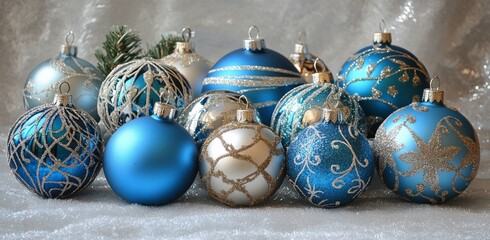 Three elegant blue Christmas ornaments arranged on a snowy surface during the holiday season