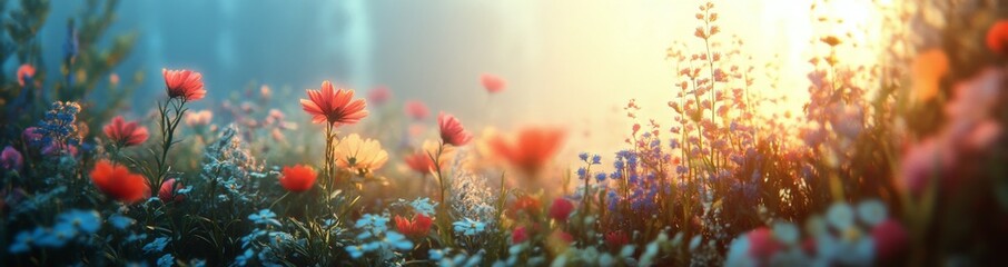 Wall Mural - a vibrant field of wildflowers illuminated by soft sunlight in the early morning