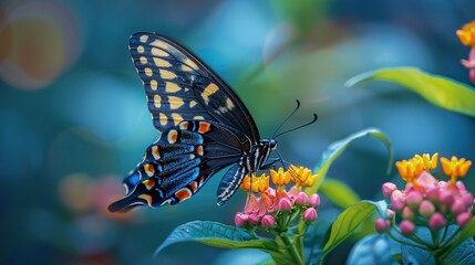 Wall Mural - A black and yellow butterfly with blue and red spots on its wings, perched on a pink and yellow flower with green leaves in the background.