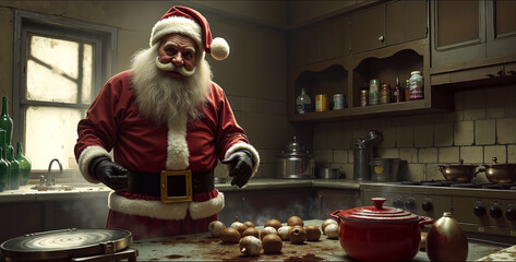 A man dressed as Santa Claus standing in a kitchen preparing food