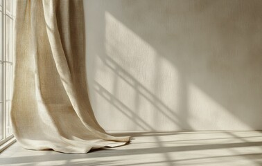 Poster - Soft white curtains beside a sunlit wall casting intricate shadows in a bright room