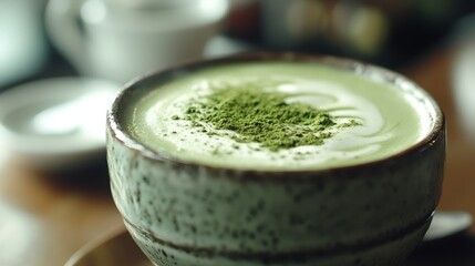 Matcha tea in cafe. Green tea background