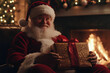 © HNXS Digital Art - Jolly Santa Claus Holding Festive Gift in Cozy Christmas Setting with Warm Fireplace Glow