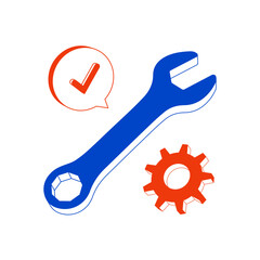 Blue wrench icon alongside red gear and check mark in speech bubble, representing tools, repair, and maintenance