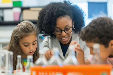 A teacher is helping a group of children with a science experiment