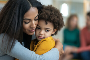 A woman is hugging a child in a yellow shirt