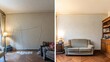 © atipong - Before and after split-image of a living room: left side shows a small wall crack, right side displays a renovated room with a smooth, freshly painted wall.