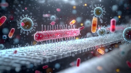 Fototapete - Detailed close up of vibrant cellular membranes and glowing organic structures showcasing the intricate beauty and complexity of life on a microscopic scale