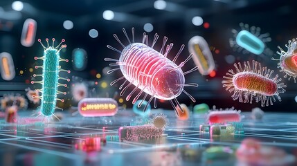 Fototapete - Captivating close up of glowing cellular organisms with vibrant colors and intricate structures highlighting the elegance and breathtaking beauty of life at a microscopic level