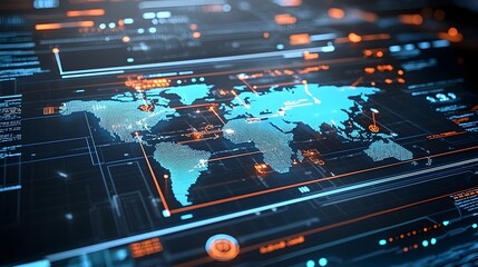 Leinwandbilder - Futuristic 3D polygonal map visualization with radiant glowing lines and points illustrating global digital interaction and technological advancement
