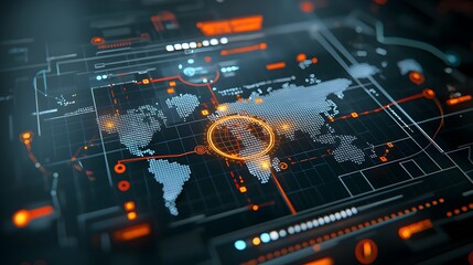 Aufkleber - Detailed polygonal map with luminous edges and glowing nodes in a 3D interactive format showcasing the growth and expansion of technological infrastructure and global connectivity