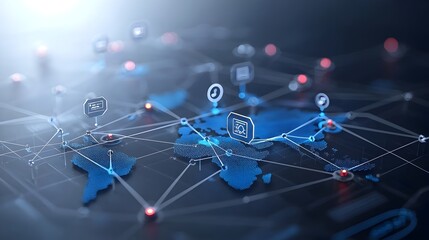 Leinwandbilder - Sleek 3D rendering of a geometric polygon map with glowing nodes and interactive lines symbolizing the advancement of technology and global innovation
