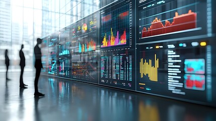 Poster - Dynamic scene of silhouetted figures interacting with vibrant 3D graphs charts and data boards powered by technology showcasing the potential of data visualization and analytics