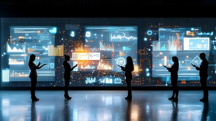 Poster - Silhouettes of people examining complex digital data displays with glowing interactive charts and graphs reflecting AI driven analytics and business intelligence