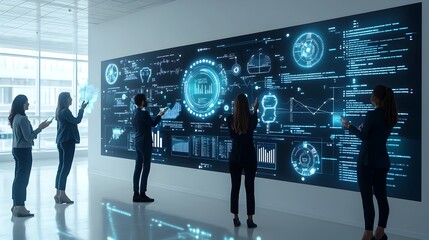 Fototapete - Silhouettes of people interacting with advanced holographic data visualizations showcasing the fusion of intelligence technology and sophisticated data analytics in a modern minimalist style