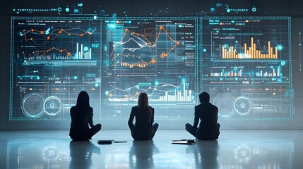 Aufkleber - Silhouetted human figures observing luminous data driven visualizations and analytics in a futuristic digitally enhanced landscape showcasing the power of intelligence and data driven insights