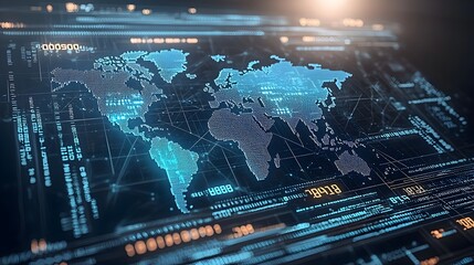 Fototapete - Glowing polygonal world map overlaying a flowing binary code background