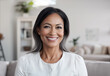 © Rapid Stock - Portrait Head shot of a beautiful and mature Smiling African American woman, female picture profile on a sunny bright day with a beautiful bokeh livingroom background