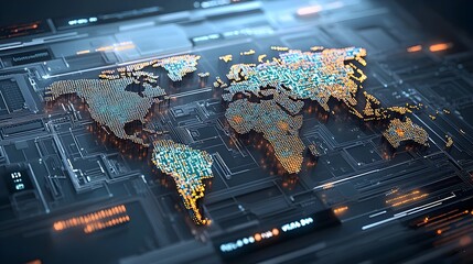 Leinwandbilder - Polygonal 3D world map with glowing lines over binary code reflecting innovation in digital technology and interactive mapping