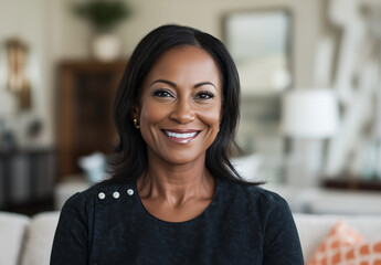 Portrait Head shot of a beautiful and mature Smiling African American woman, female picture profile on a sunny bright day with a beautiful bokeh livingroom background