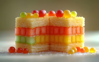 A colorful layered cake with fruit and candy decorations, showcasing a vibrant dessert.