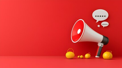 Aufkleber - Attention grabbing 3D megaphone and speech bubble combination on a bright red background designed with sleek rendering and dynamic contrast for impactful marketing advertising