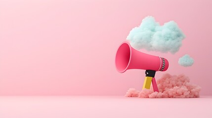 Minimalist 3D rendered design of a megaphone projecting a speech bubble on a solid pastel background ready for use in announcement messaging or other visual communication applications