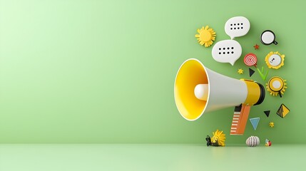 Fototapete - Megaphone and speech bubble icons floating in a modern 3D space backdrop creating a bold and dynamic visual representation for communication marketing and multimedia design concepts