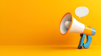 Fototapete - Sleek 3D Rendered Megaphone with Colorful Speech Bubble Floating on Solid Orange Background Perfect for Promotional Designs Advertising Campaigns and Multimedia Presentations