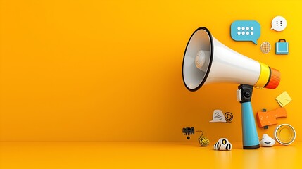 Fototapete - Sleek and modern 3D rendering of a vibrant megaphone with a colorful speech bubble against a solid orange background perfect for promotional designs marketing campaigns and multimedia presentations