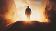 © The Origin 33 - silhouette of man walking up stairs towards bright light, evoking hope and determination