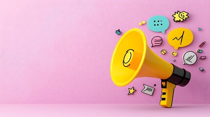 Fototapete - Levitating megaphone device with speech bubble floating on a vibrant purple background creating a playful yet powerful conceptual visual for creative communication advertising and branding purposes