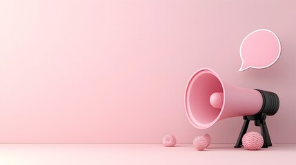 Leinwandbilder - Striking 3D digital of a bold and oversized megaphone with a large speech bubble floating against a solid pink background creating a dynamic visual for announcements alerts or promotional messaging