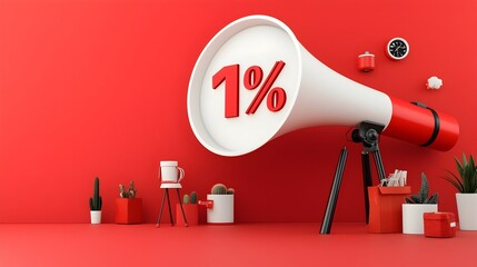 Poster - 3D rendering of a megaphone projecting a speech bubble with a large percentage sign set against a solid red background ideal design for discount promotions sales campaigns and business marketing