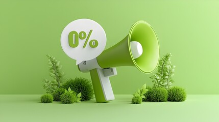 Leinwandbilder - A 3D digital megaphone with a speech bubble featuring a bold percent symbol set against a bright green solid background ready for use in various promotional advertising and marketing themes