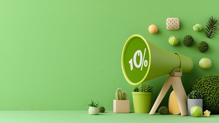 Fototapete - Striking 3D megaphone with a speech bubble featuring a bold percentage symbol set against a bright green solid background ready for various promotional and marketing themes