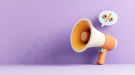 Aufkleber - Minimalist 3D design of a megaphone with a speech bubble and percentage symbol hovering on a solid purple background for discount promotion visuals and marketing materials